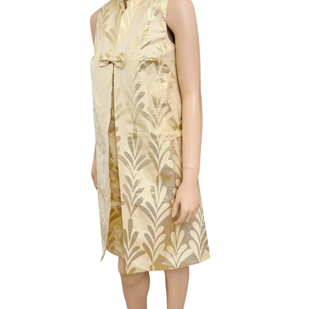 Frances Valentine Gold Metalic Shift Dress XS  Sleeveless Bow Front Jacquard - Picture 9 of 12